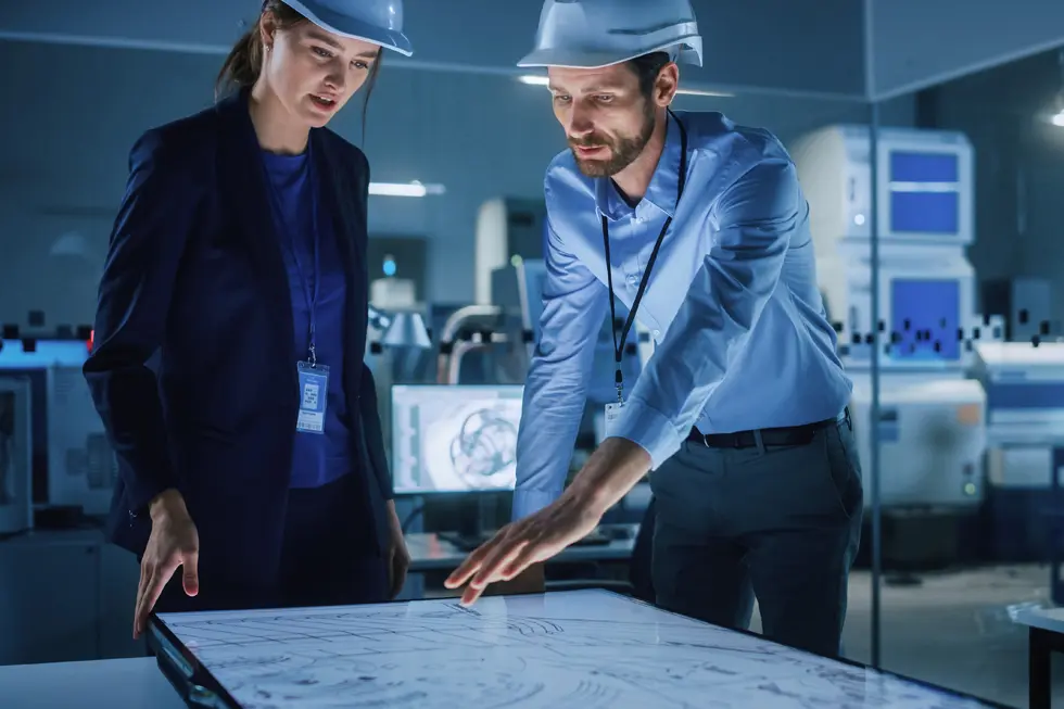 Two engineers in hard hats study blueprints on a large interactive table in a high-tech lab.