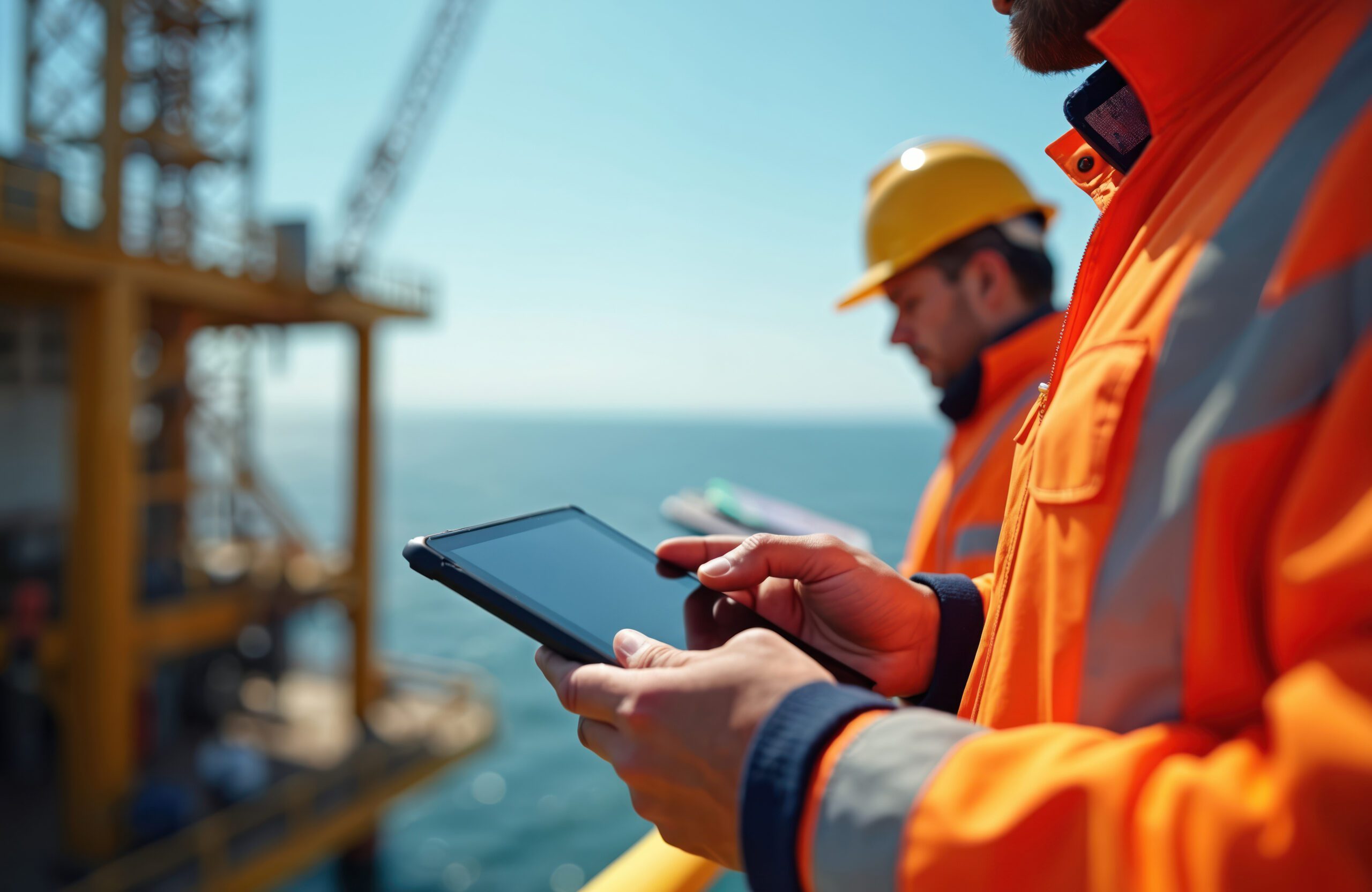 Two workers in orange safety vests using a tablet on an offshore platform with blurred machinery in the background by the sea.