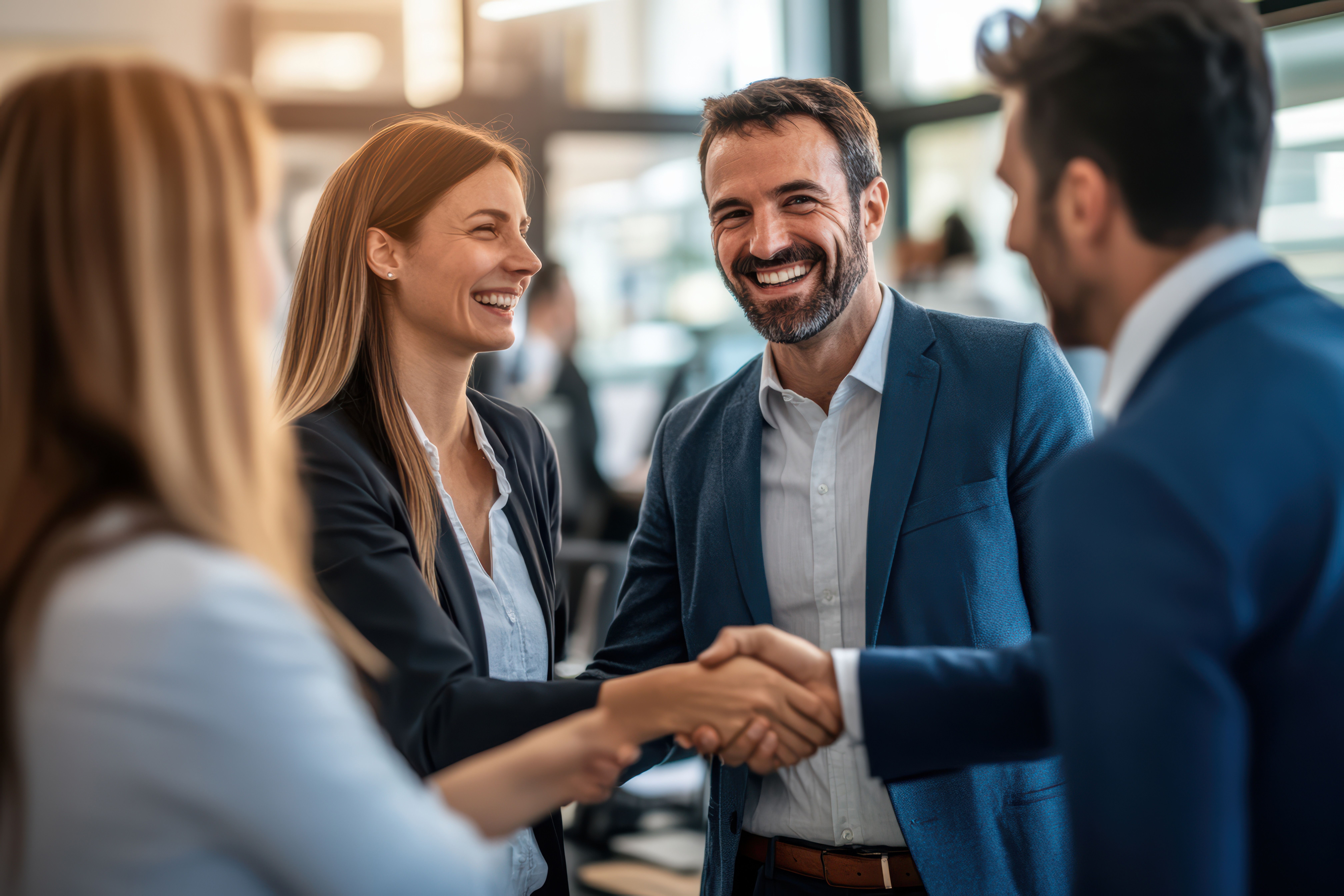 Two business colleagues in suits shake hands and smile in a bright office lobby, others chatting in the background.
